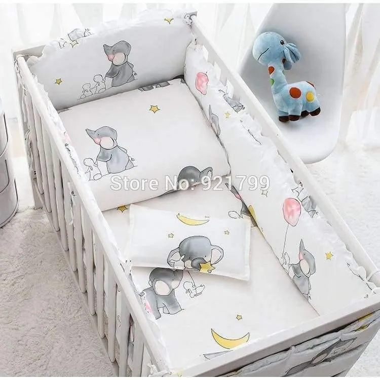 Weiche Baby-Bettwäsche-Sets aus Baumwolle mit Cartoon-Motiv, grauer Elefant, Babybett-Stoßstange, inklusive Kissen/Stoßstangen/Blatt/Bettbezug