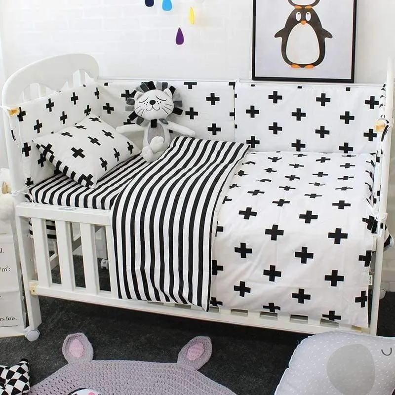 Babybett-Bettwäscheset, weiche, atmungsaktive Baumwollbettwäsche für Kinder, inklusive Steppdecke, Kissen, Stoßstange, Bettlaken, Wiegenset für Kinder