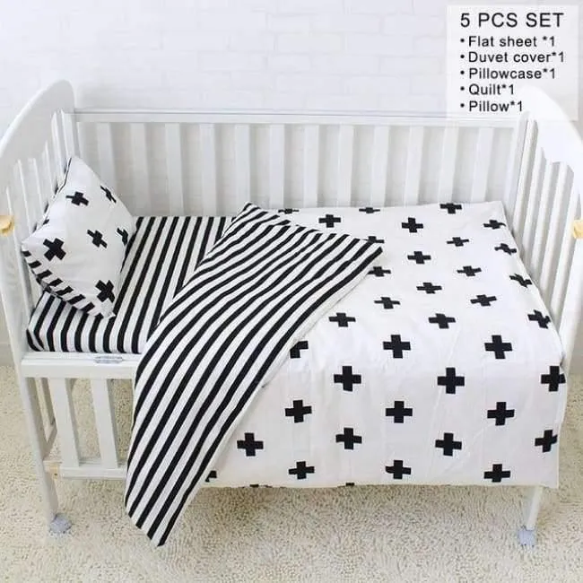 Babybett-Bettwäscheset, weiche, atmungsaktive Baumwollbettwäsche für Kinder, inklusive Steppdecke, Kissen, Stoßstange, Bettlaken, Wiegenset für Kinder