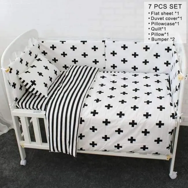 Babybett-Bettwäscheset, weiche, atmungsaktive Baumwollbettwäsche für Kinder, inklusive Steppdecke, Kissen, Stoßstange, Bettlaken, Wiegenset für Kinder