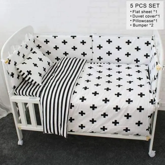 Babybett-Bettwäscheset, weiche, atmungsaktive Baumwollbettwäsche für Kinder, inklusive Steppdecke, Kissen, Stoßstange, Bettlaken, Wiegenset für Kinder
