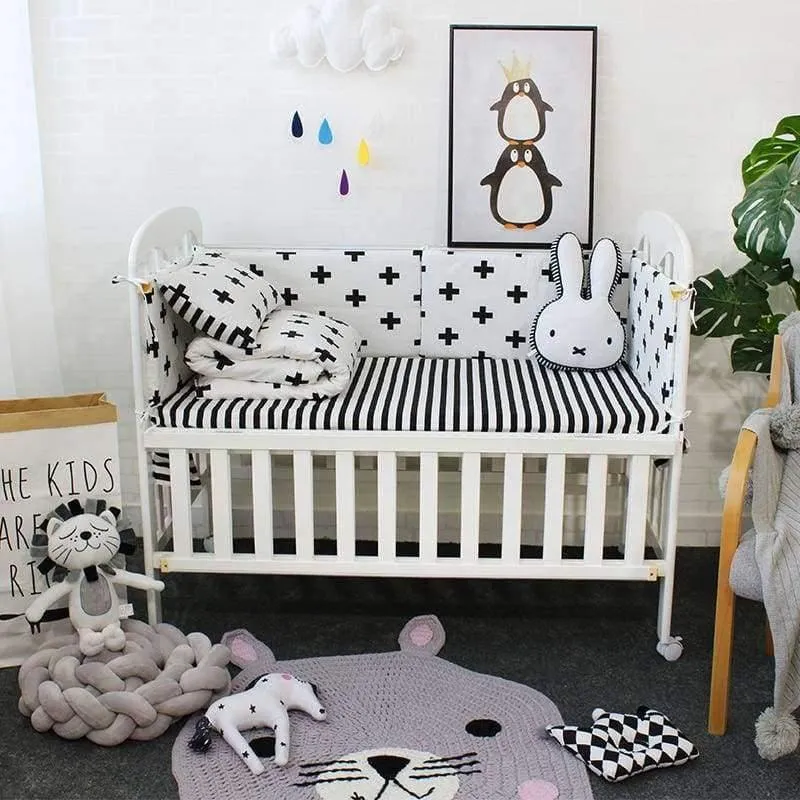 Babybett-Bettwäscheset, weiche, atmungsaktive Baumwollbettwäsche für Kinder, inklusive Steppdecke, Kissen, Stoßstange, Bettlaken, Wiegenset für Kinder