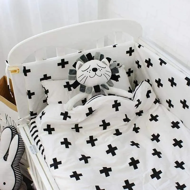 Babybett-Bettwäscheset, weiche, atmungsaktive Baumwollbettwäsche für Kinder, inklusive Steppdecke, Kissen, Stoßstange, Bettlaken, Wiegenset für Kinder