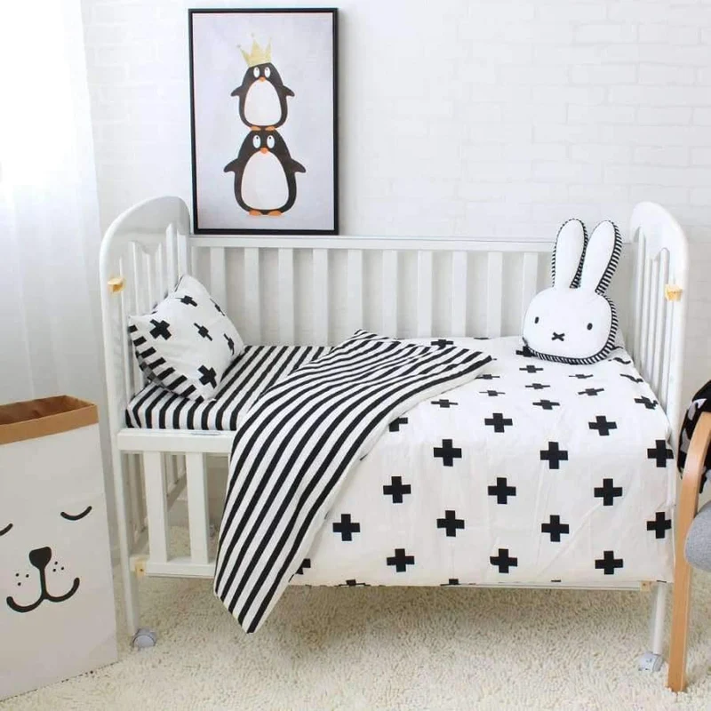 Babybett-Bettwäscheset, weiche, atmungsaktive Baumwollbettwäsche für Kinder, inklusive Steppdecke, Kissen, Stoßstange, Bettlaken, Wiegenset für Kinder