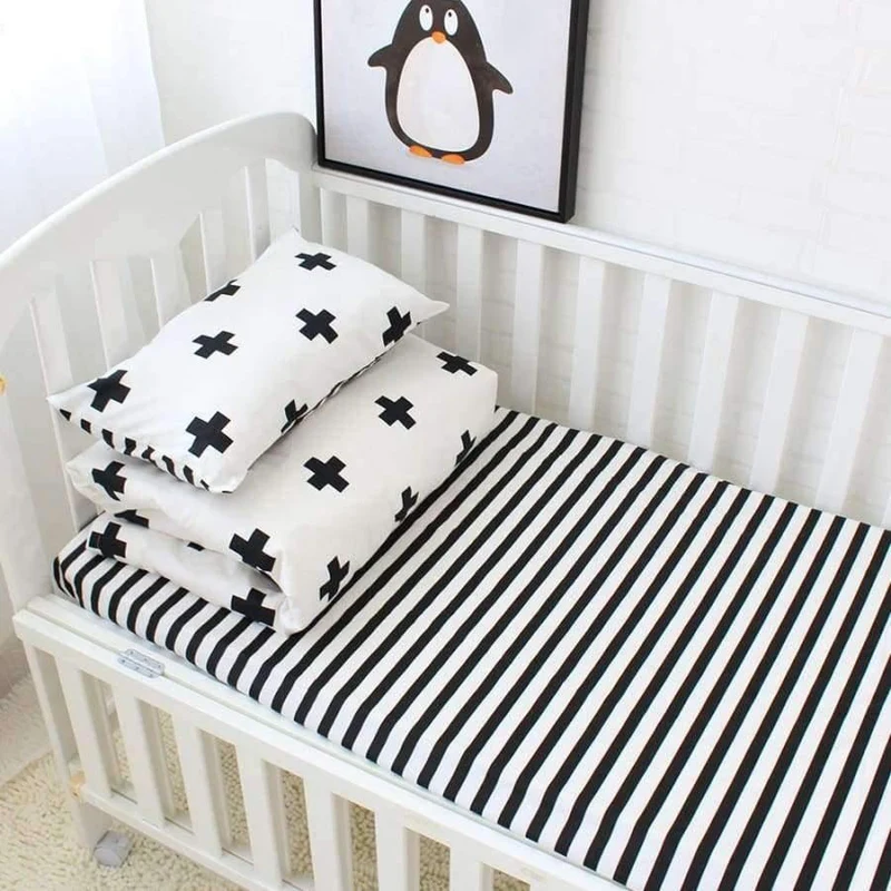 Babybett-Bettwäscheset, weiche, atmungsaktive Baumwollbettwäsche für Kinder, inklusive Steppdecke, Kissen, Stoßstange, Bettlaken, Wiegenset für Kinder