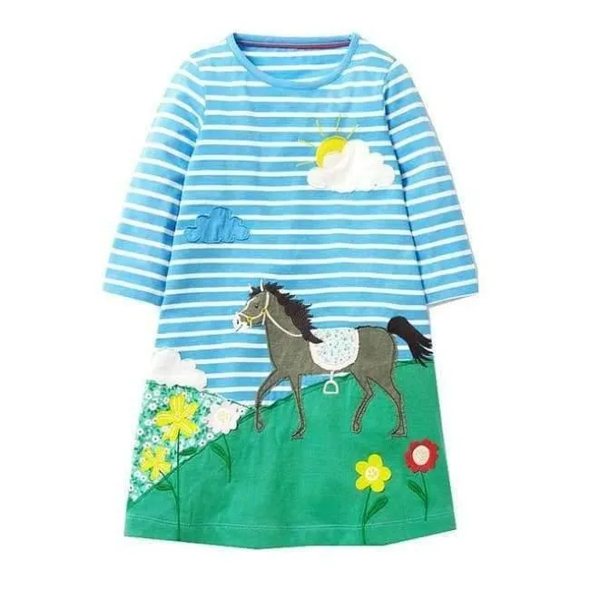Mädchen Kleid mit Tierapplikationen Langarm Prinzessin Kleid Kinder Kostüm Robe Fille Kinder Party Kleider Baby Mädchen Kleidung
