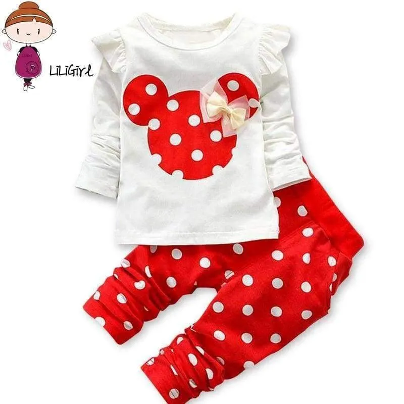 Baby Girls Sport Clothes Sets for Toddler Cotton Print Mickey T-Shirt+Polka Dot Pants Suit Kids Tops Trousers Cloting