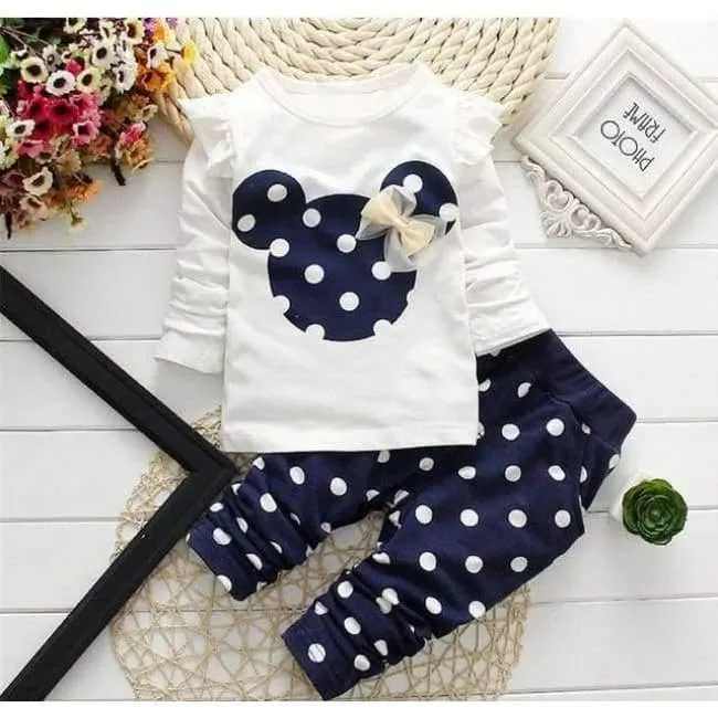 Baby Girls Sport Clothes Sets for Toddler Cotton Print Mickey T-Shirt+Polka Dot Pants Suit Kids Tops Trousers Cloting