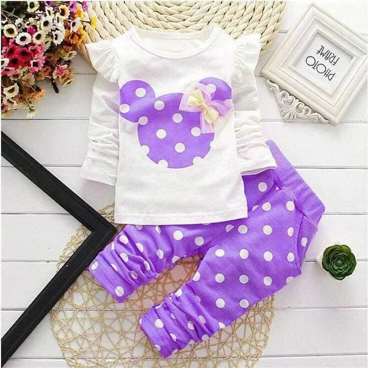 Baby Girls Sport Clothes Sets for Toddler Cotton Print Mickey T-Shirt+Polka Dot Pants Suit Kids Tops Trousers Cloting