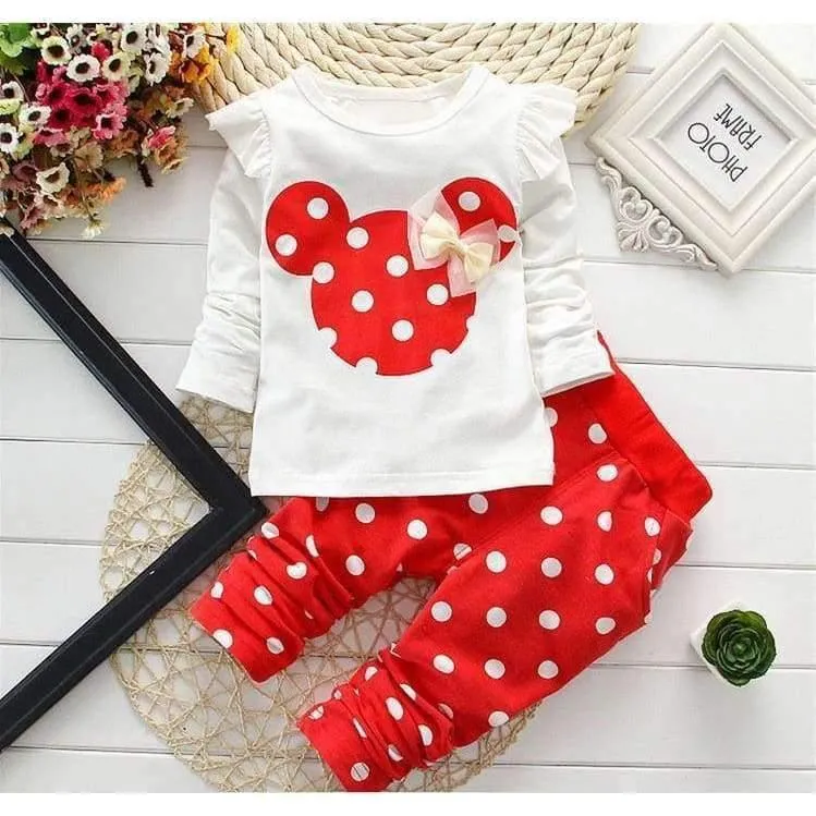 Baby Girls Sport Clothes Sets for Toddler Cotton Print Mickey T-Shirt+Polka Dot Pants Suit Kids Tops Trousers Cloting