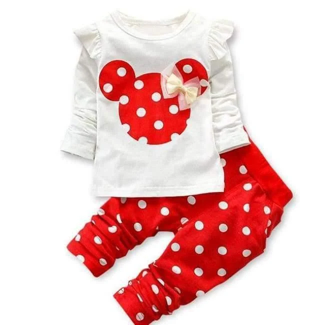Baby Girls Sport Clothes Sets for Toddler Cotton Print Mickey T-Shirt+Polka Dot Pants Suit Kids Tops Trousers Cloting