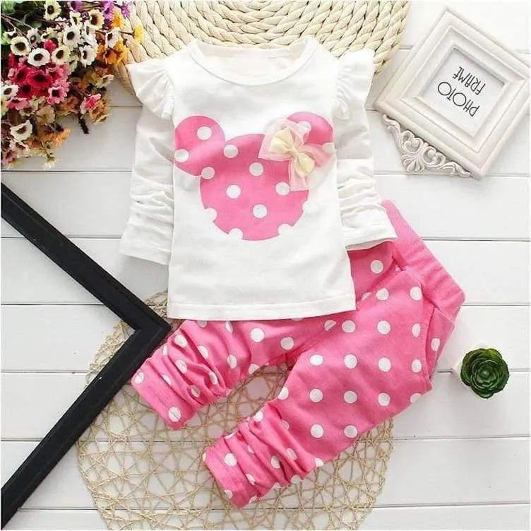 Baby Girls Sport Clothes Sets for Toddler Cotton Print Mickey T-Shirt+Polka Dot Pants Suit Kids Tops Trousers Cloting