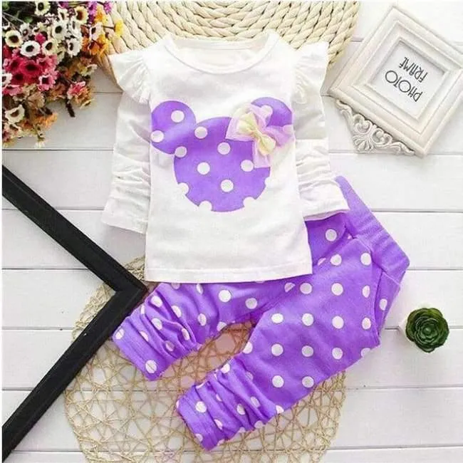 Baby Girls Sport Clothes Sets for Toddler Cotton Print Mickey T-Shirt+Polka Dot Pants Suit Kids Tops Trousers Cloting