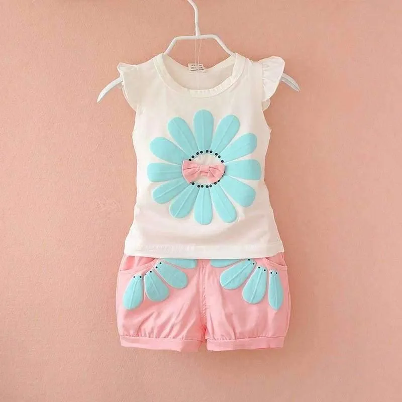 Toddler baby girls summer clothing sets flower 2pcs girls summer clothes set kids sport suit tracksuit sweatshirt