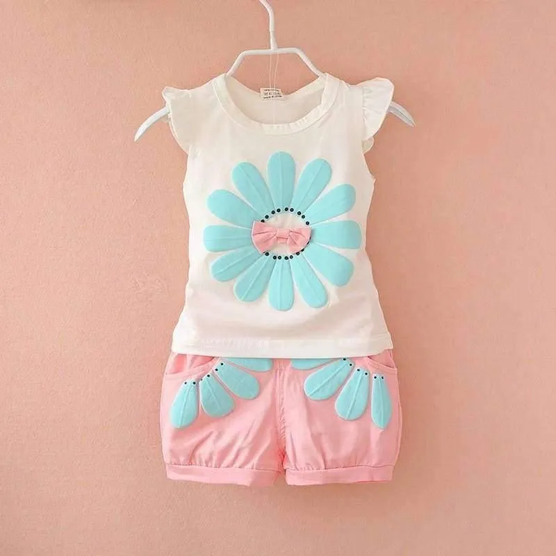 Toddler baby girls summer clothing sets flower 2pcs girls summer clothes set kids sport suit tracksuit sweatshirt