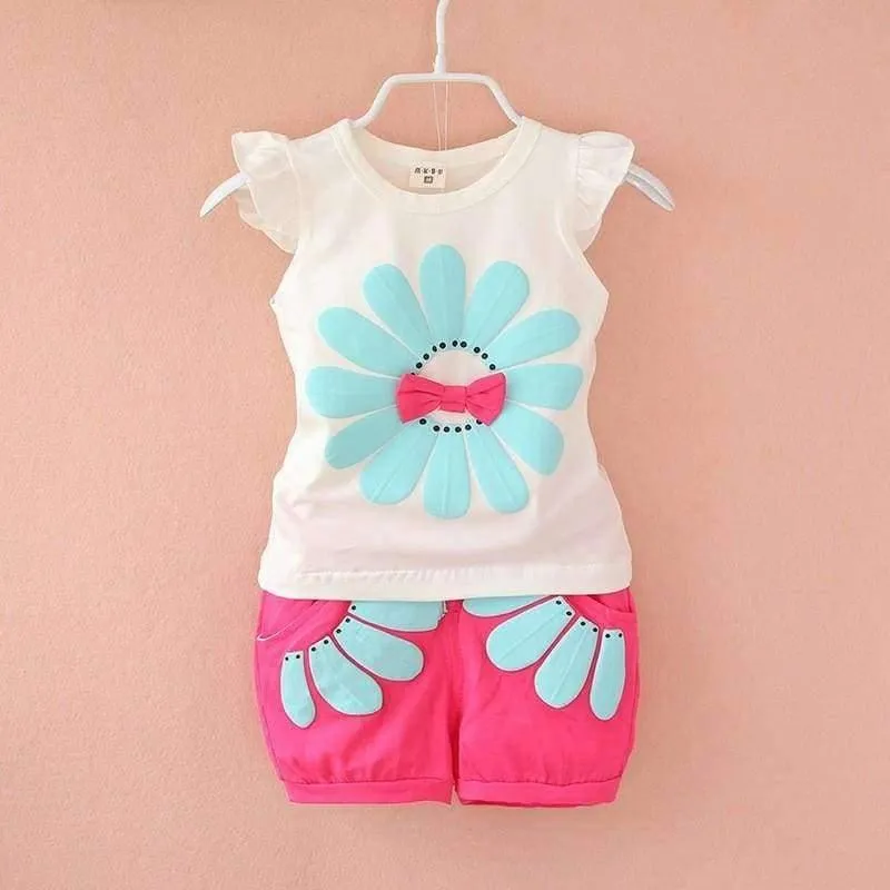 Toddler baby girls summer clothing sets flower 2pcs girls summer clothes set kids sport suit tracksuit sweatshirt