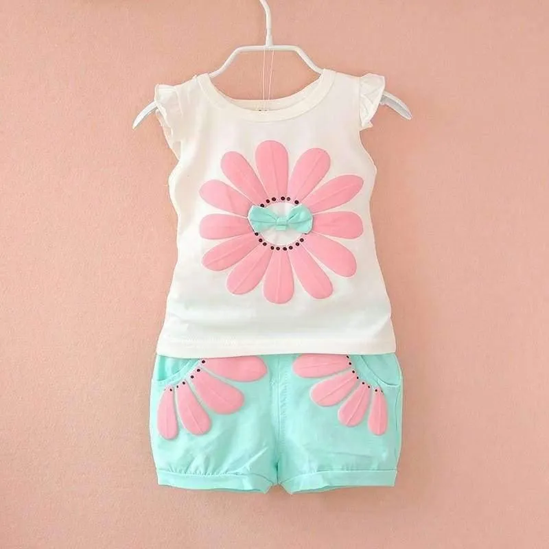 Toddler baby girls summer clothing sets flower 2pcs girls summer clothes set kids sport suit tracksuit sweatshirt