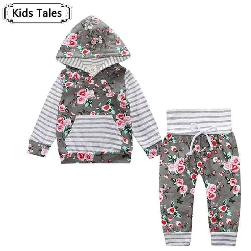 Baby Autumn new baby boy clothes Children Baby Girls Long Sleeve Hooded Tops Floral pants 2 pcs. clothing set SY188