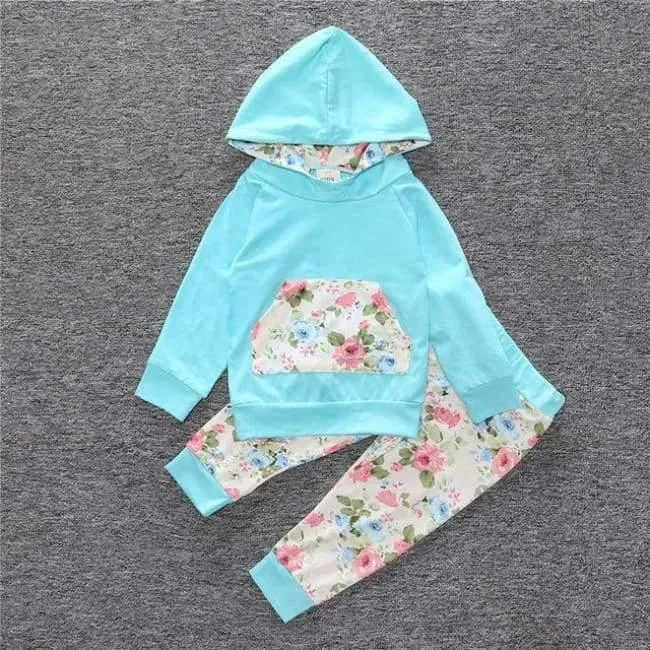 Baby Autumn new baby boy clothes Children Baby Girls Long Sleeve Hooded Tops Floral pants 2 pcs. clothing set SY188