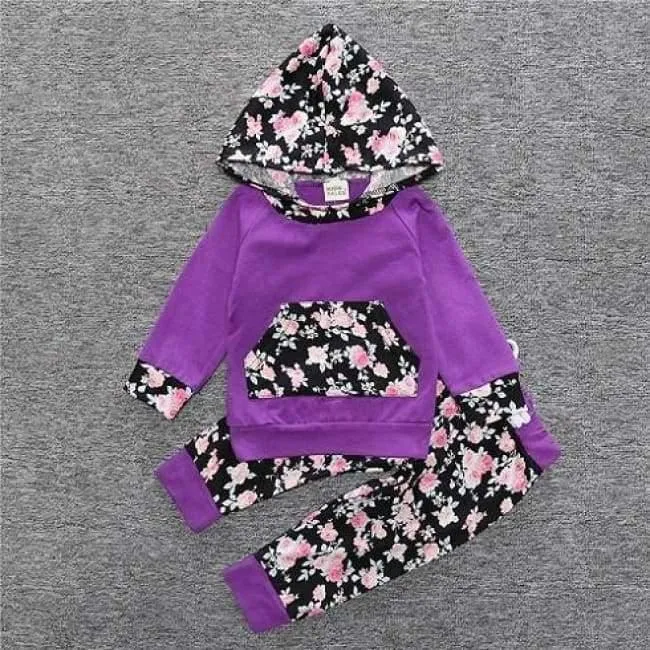 Baby Autumn new baby boy clothes Children Baby Girls Long Sleeve Hooded Tops Floral pants 2 pcs. clothing set SY188