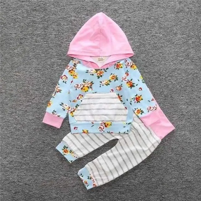 Baby Autumn new baby boy clothes Children Baby Girls Long Sleeve Hooded Tops Floral pants 2 pcs. clothing set SY188