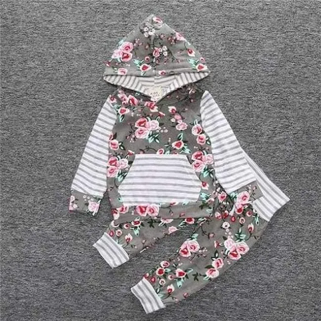 Baby Autumn new baby boy clothes Children Baby Girls Long Sleeve Hooded Tops Floral pants 2 pcs. clothing set SY188