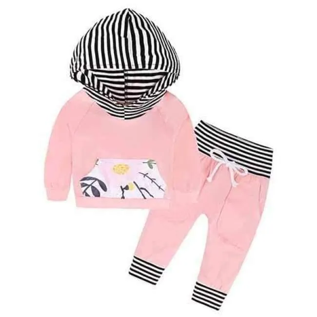 Baby Autumn new baby boy clothes Children Baby Girls Long Sleeve Hooded Tops Floral pants 2 pcs. clothing set SY188