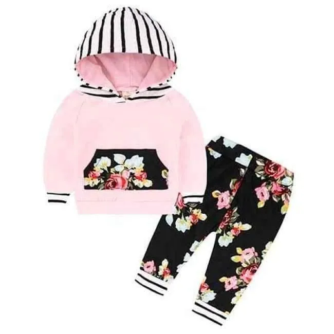 Baby Autumn new baby boy clothes Children Baby Girls Long Sleeve Hooded Tops Floral pants 2 pcs. clothing set SY188