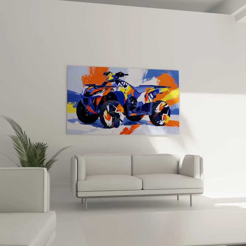 Tableau Quad bleu et orange en pleine touche picturale - Élan figé - Edition Quad