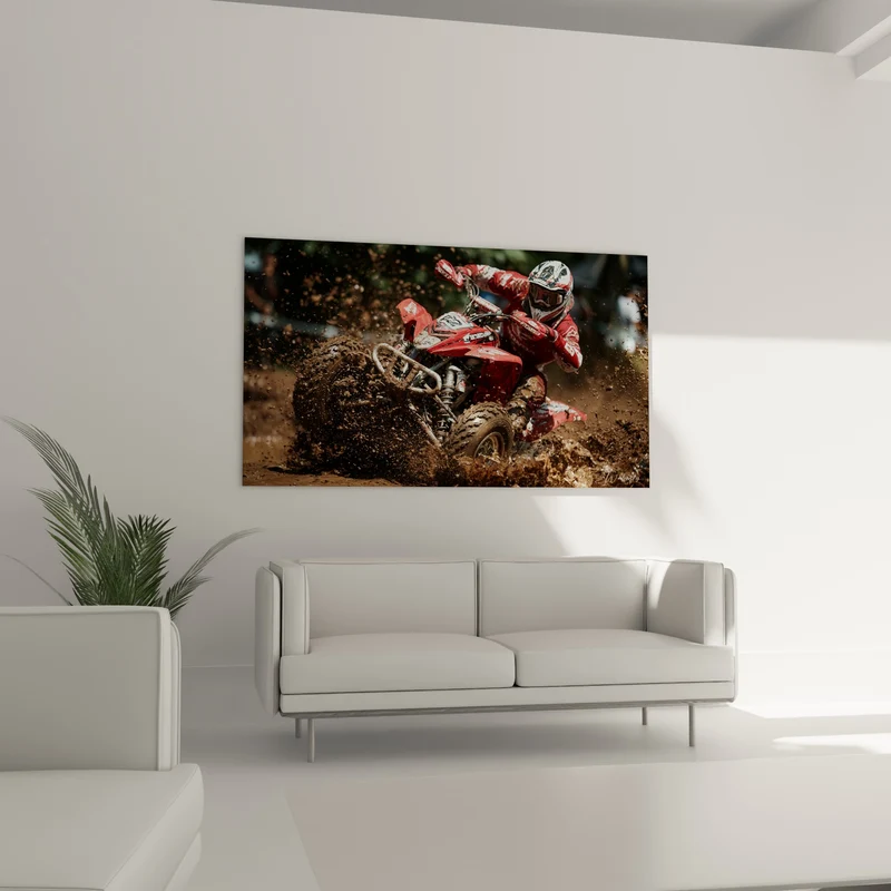 Tableau Quad rouge et blanc dans la gerbe boueuse - Virage brutal en marécage - Edition Quad