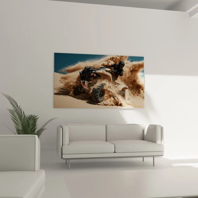 Tableau Quad beige et noir soulevant un tourbillon de sable - Ciel bleu limpide - Edition Quad