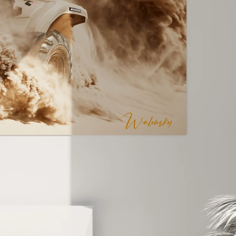 Tableau Quad beige et noir soulevant un tourbillon de sable - Ciel bleu limpide - Edition Quad