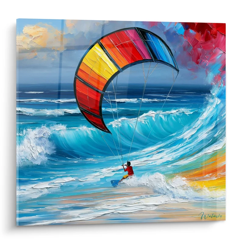 Tableau Kitesurfeur voile rouge et bleu turquoise - Défi des flots - Edition Kite surf