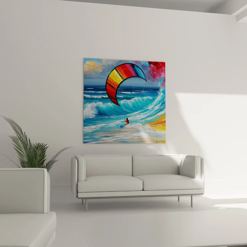 Tableau Kitesurfeur voile rouge et bleu turquoise - Défi des flots - Edition Kite surf