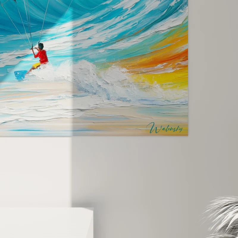Tableau Kitesurfeur voile rouge et bleu turquoise - Défi des flots - Edition Kite surf