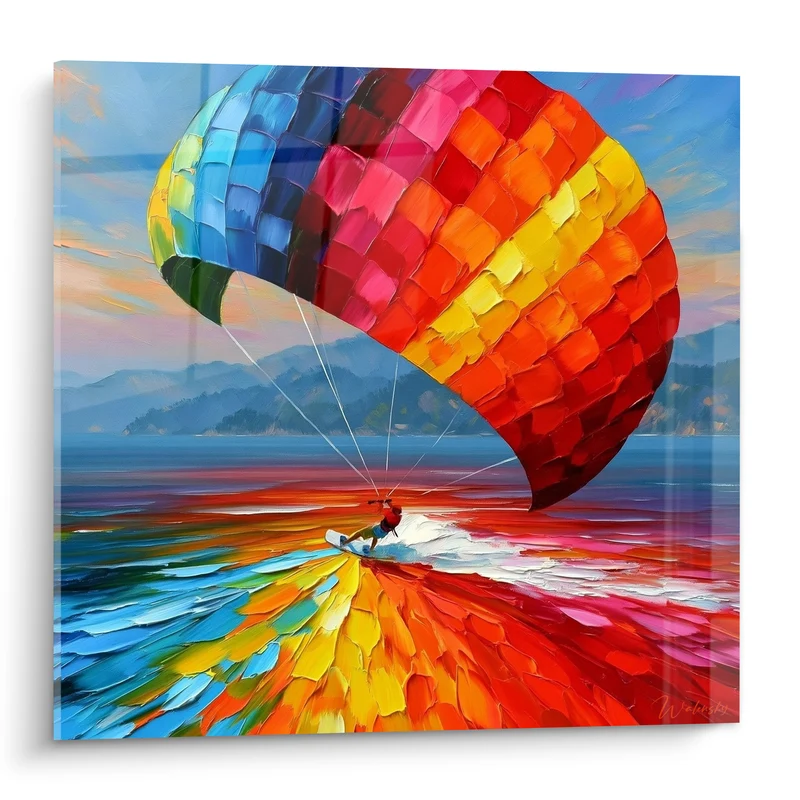 Tableau Kitesurfeur aile bleue et orange sur mer - Envol sur les vagues - Edition Kite surf