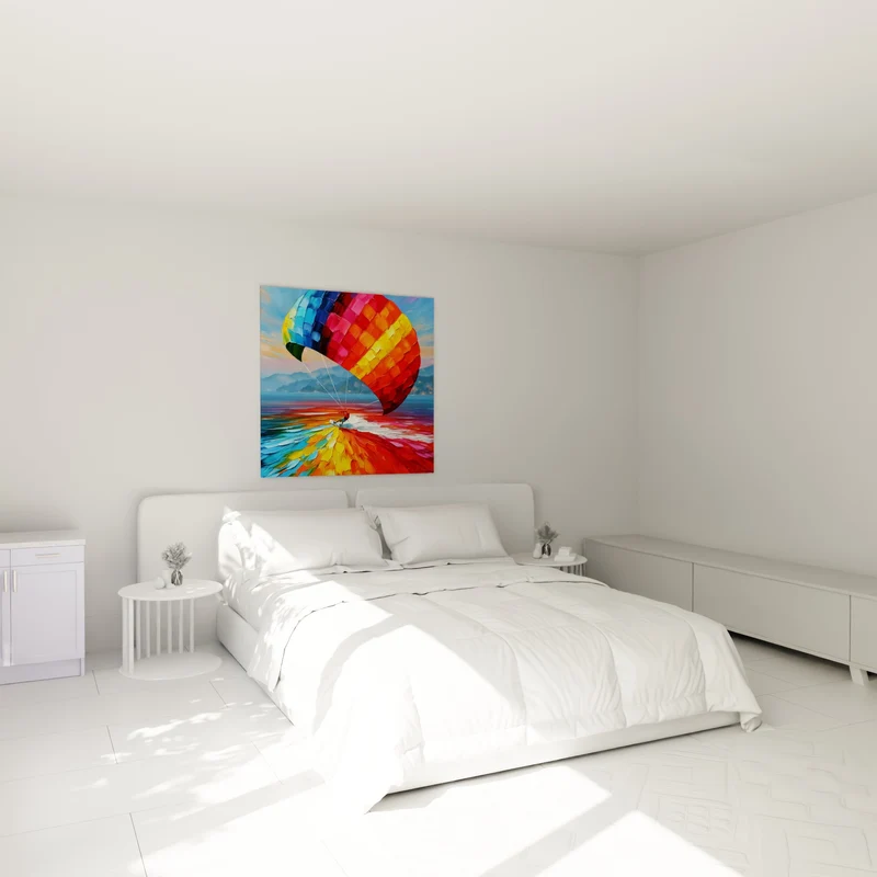 Tableau Kitesurfeur aile bleue et orange sur mer - Envol sur les vagues - Edition Kite surf