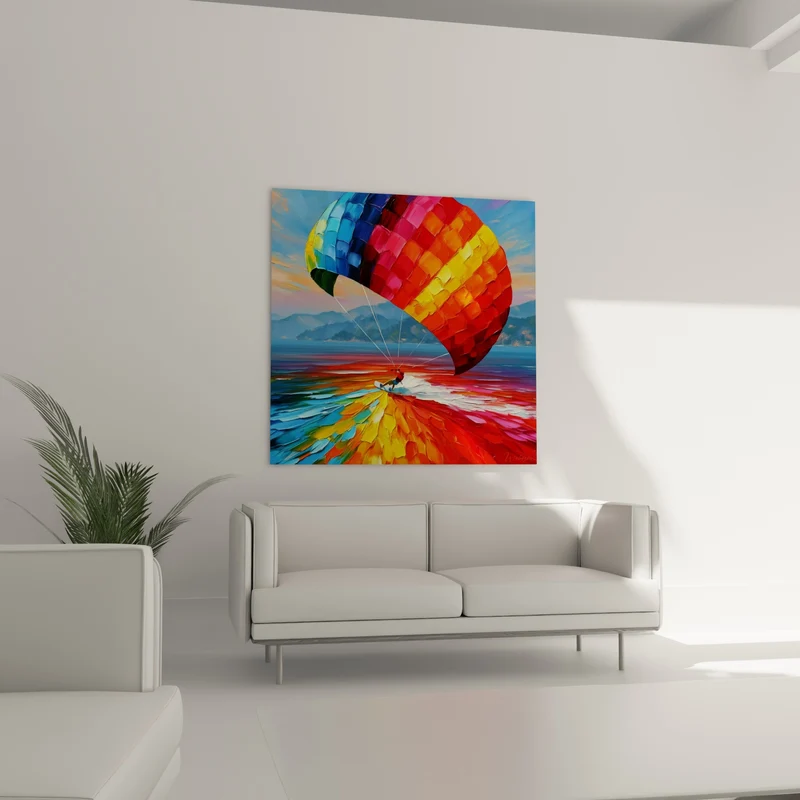 Tableau Kitesurfeur aile bleue et orange sur mer - Envol sur les vagues - Edition Kite surf