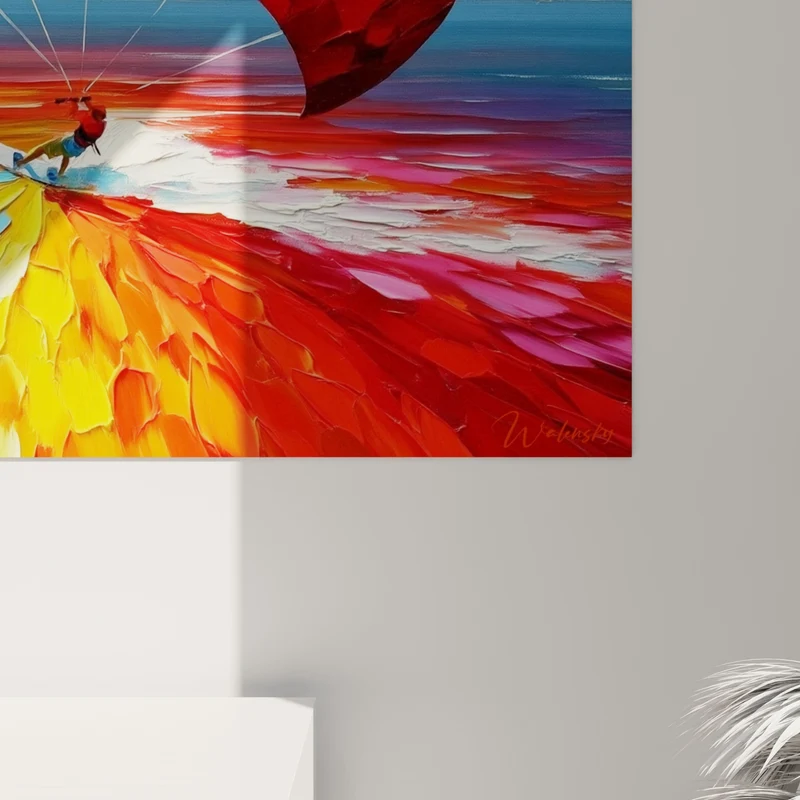Tableau Kitesurfeur aile bleue et orange sur mer - Envol sur les vagues - Edition Kite surf