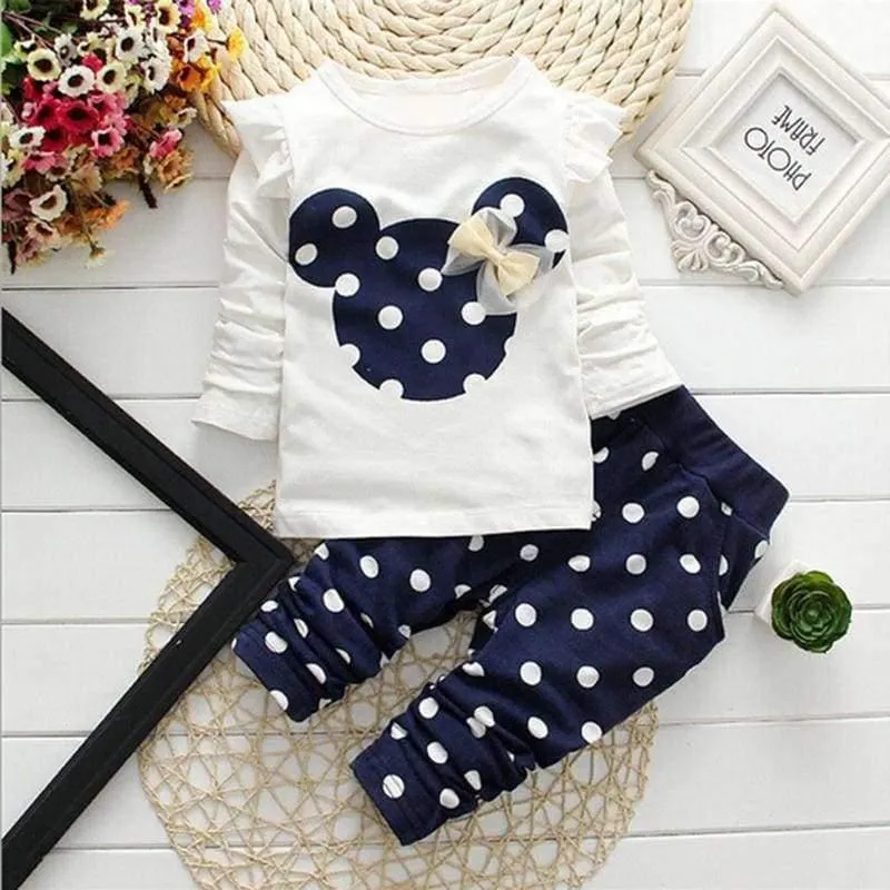 Spring children girls clothing sets mouse early autumn clothes bow tops t shirt leggings pants baby kids 2 pcs suit