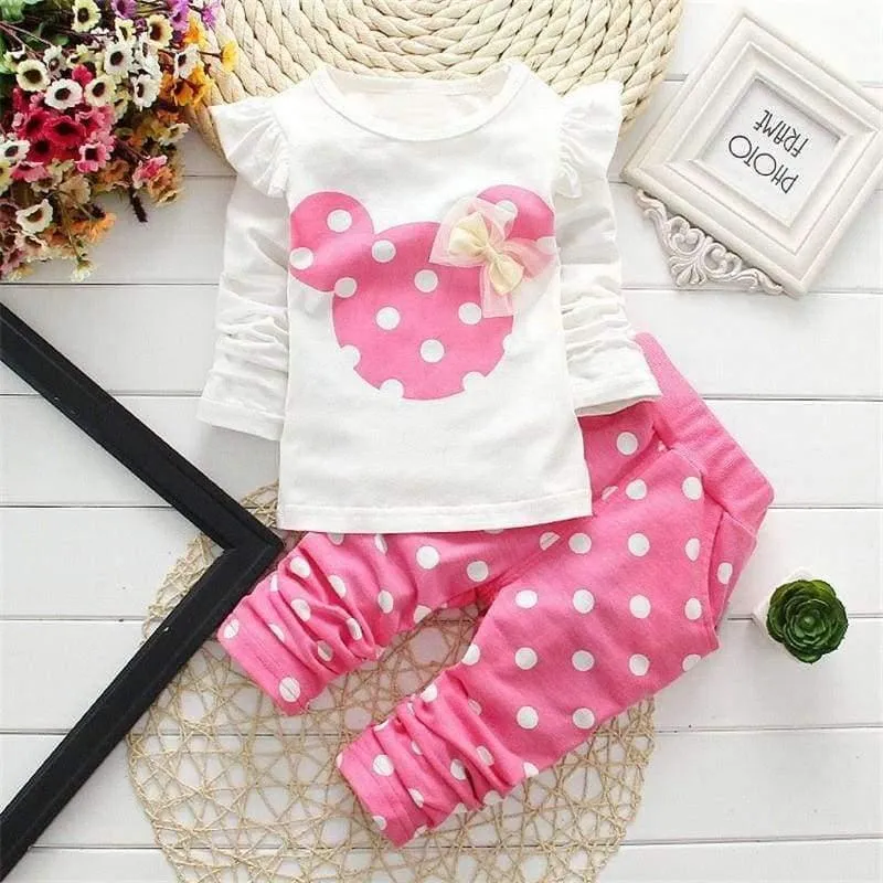 Spring children girls clothing sets mouse early autumn clothes bow tops t shirt leggings pants baby kids 2 pcs suit