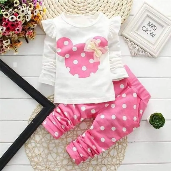 Spring children girls clothing sets mouse early autumn clothes bow tops t shirt leggings pants baby kids 2 pcs suit