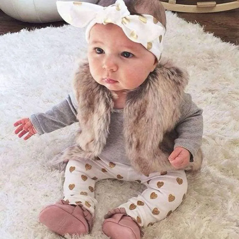 Newborn baby bebe Infant girl clothes Long sleeve gray red heart Tops Goldden Love Pants Headband 3Pcs Baby Girls Clothing Sets
