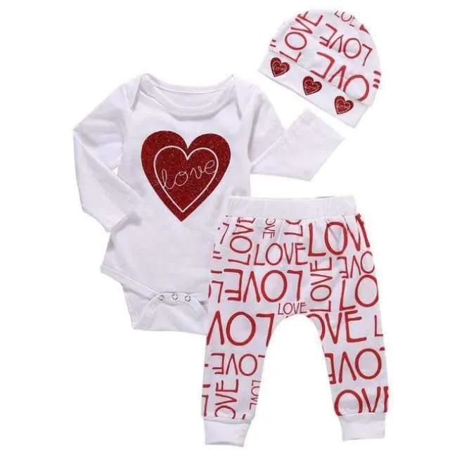 Newborn baby bebe Infant girl clothes Long sleeve gray red heart Tops Goldden Love Pants Headband 3Pcs Baby Girls Clothing Sets