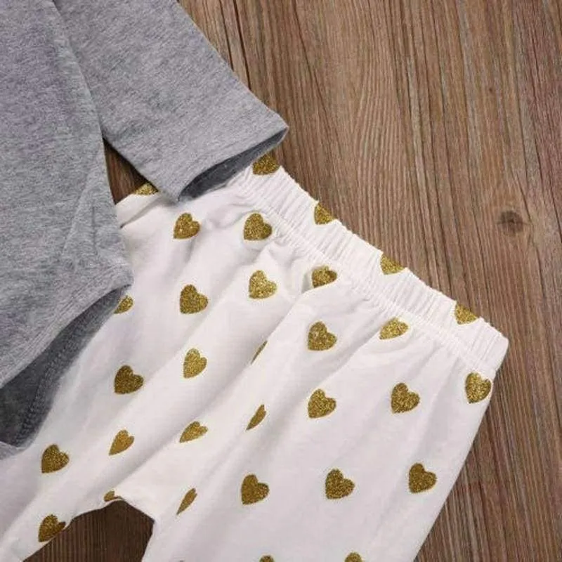 Newborn baby bebe Infant girl clothes Long sleeve gray red heart Tops Goldden Love Pants Headband 3Pcs Baby Girls Clothing Sets