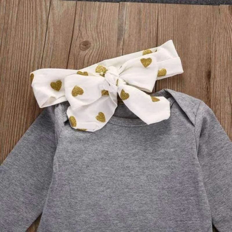 Newborn baby bebe Infant girl clothes Long sleeve gray red heart Tops Goldden Love Pants Headband 3Pcs Baby Girls Clothing Sets