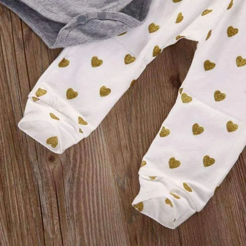 Newborn baby bebe Infant girl clothes Long sleeve gray red heart Tops Goldden Love Pants Headband 3Pcs Baby Girls Clothing Sets