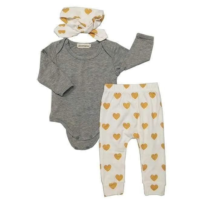 Newborn baby bebe Infant girl clothes Long sleeve gray red heart Tops Goldden Love Pants Headband 3Pcs Baby Girls Clothing Sets