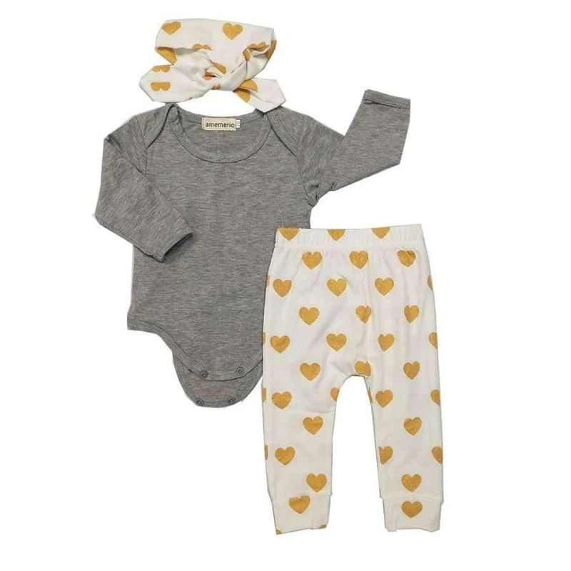 Newborn baby bebe Infant girl clothes Long sleeve gray red heart Tops Goldden Love Pants Headband 3Pcs Baby Girls Clothing Sets
