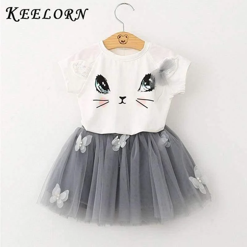 Girls Dress Brand Kids Clothes White Cartoon Short Sleeve T-Shirt+Veil Dress 2Pcs baby girl clothes for 2-6Y